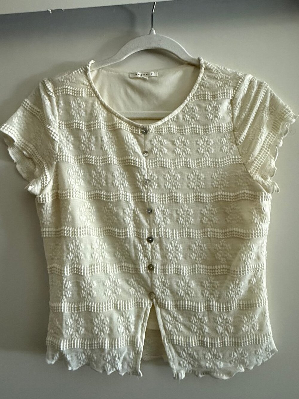 Baevely Cream Eyelet Short Sleeve Button Down Blouse